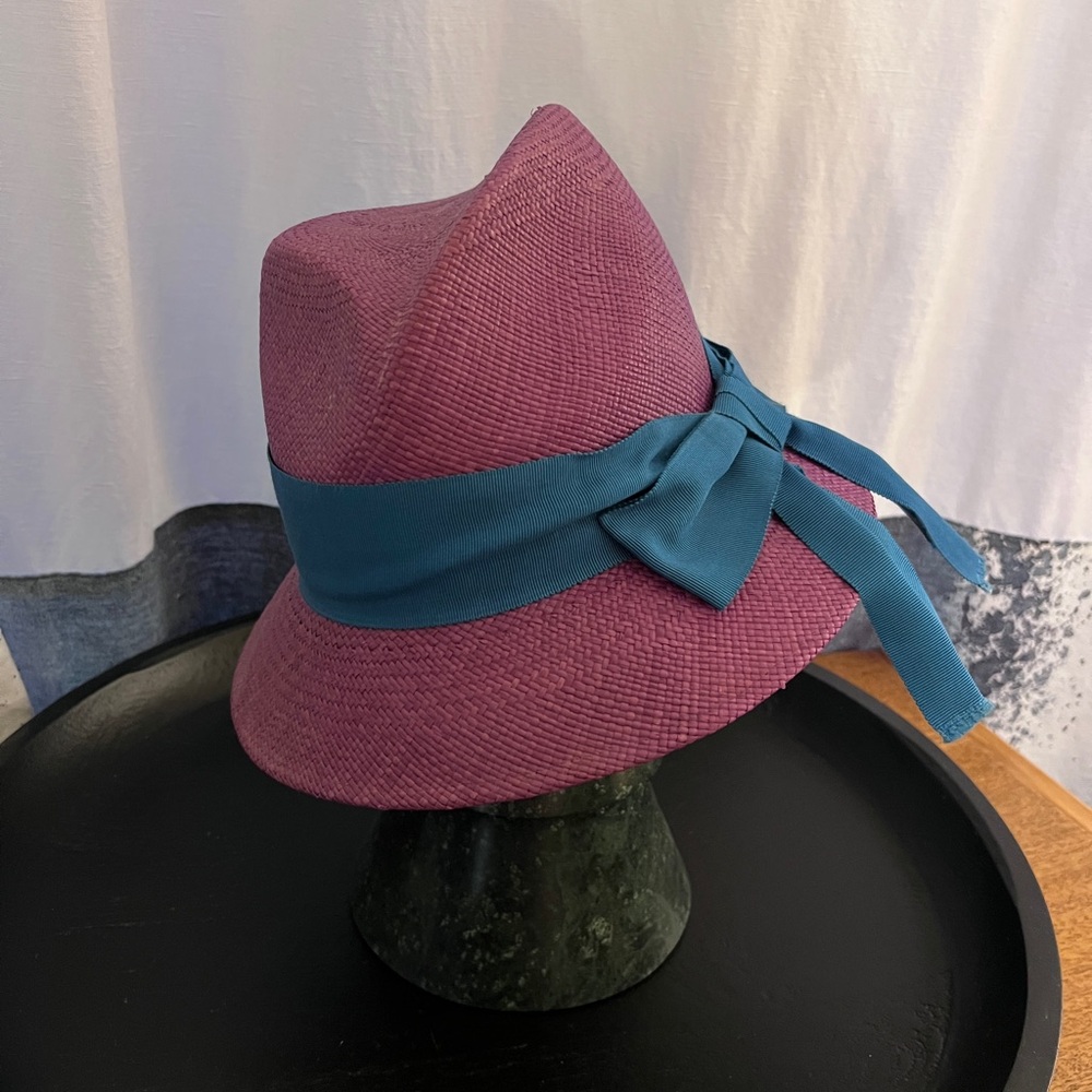 Bespoke Panama Style Purple Straw Hat with wide Blue Bow Band by Saucy Milliner